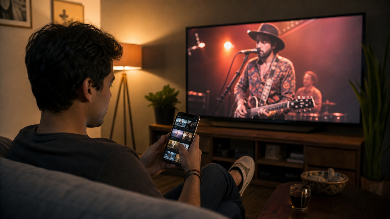Persona mira una presentación musical en televisión conectada mientras explora contenido desde su teléfono